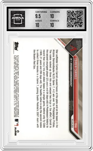 Corbin Carroll from the 2023 Topps Now set graded by Arena Club and given an overall grade of 10.