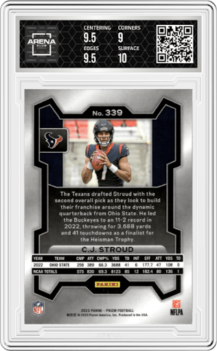 C.J. Stroud from the 2023 Panini Prizm set graded by Arena Club and given an overall grade of 9.5.