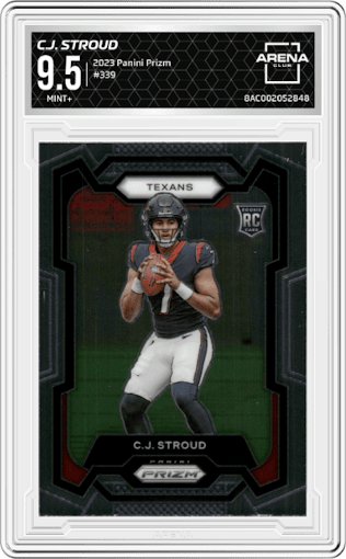 C.J. Stroud from the 2023 Panini Prizm set graded by Arena Club and given an overall grade of 9.5.
