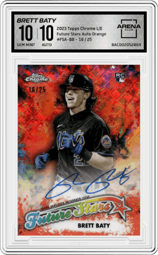 Brett Baty from the 2023 Topps Chrome Logofractor Edition set featuring a Orange parallel graded by Arena Club and given an overall grade of 10.