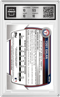 Yosy Galan from the 2023 Bowman Chrome set featuring a Purple Refractor parallel graded by Arena Club and given an overall grade of 10.