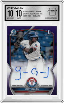 Yosy Galan from the 2023 Bowman Chrome set featuring a Purple Refractor parallel graded by Arena Club and given an overall grade of 10.