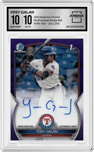 Yosy Galan from the 2023 Bowman Chrome set featuring a Purple Refractor parallel graded by Arena Club and given an overall grade of 10.