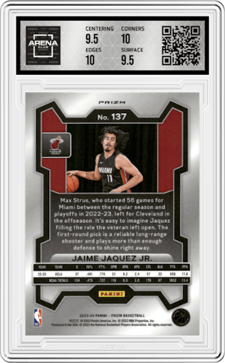 Jaime Jaquez Jr. from the 2023-24 Panini Prizm set featuring a Silver Prizm  parallel graded by Arena Club and given an overall grade of 10.