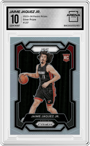 Jaime Jaquez Jr. from the 2023-24 Panini Prizm set featuring a Silver Prizm  parallel graded by Arena Club and given an overall grade of 10.