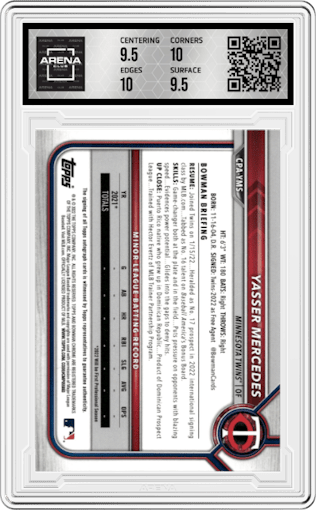 Yasser Mercedes from the 2022 Bowman Chrome set featuring a Green Refractor parallel graded by Arena Club and given an overall grade of 10.