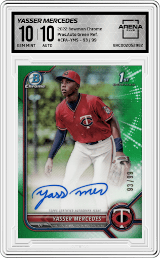 Yasser Mercedes from the 2022 Bowman Chrome set featuring a Green Refractor parallel graded by Arena Club and given an overall grade of 10.