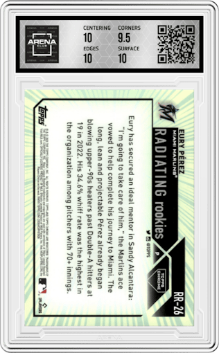 Eury Perez from the 2023 Topps Chrome Update set graded by Arena Club and given an overall grade of 10.