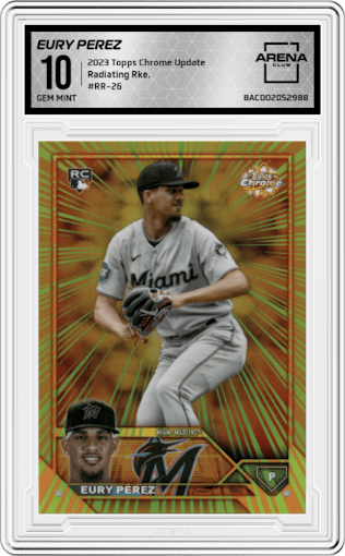 Eury Perez from the 2023 Topps Chrome Update set graded by Arena Club and given an overall grade of 10.
