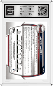 Javier Valdes from the 2023 Bowman Chrome set featuring a Orange Refractor parallel graded by Arena Club and given an overall grade of 10.