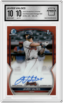 Javier Valdes from the 2023 Bowman Chrome set featuring a Orange Refractor parallel graded by Arena Club and given an overall grade of 10.