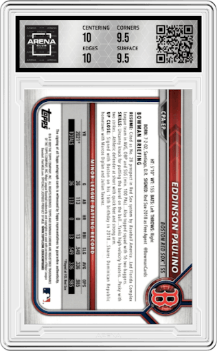 Eddinson Paulino from the 2022 Bowman Chrome set featuring a Red Shimmer parallel graded by Arena Club and given an overall grade of 10.