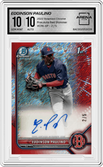 Eddinson Paulino from the 2022 Bowman Chrome set featuring a Red Shimmer parallel graded by Arena Club and given an overall grade of 10.