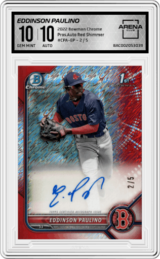 Eddinson Paulino from the 2022 Bowman Chrome set featuring a Red Shimmer parallel graded by Arena Club and given an overall grade of 10.