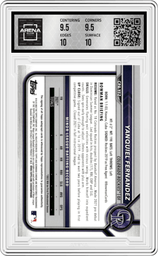 Yanquiel Fernandez from the 2022 Bowman Chrome set featuring a Yellow Refractor parallel graded by Arena Club and given an overall grade of 10.