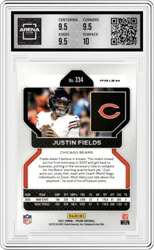 Justin Fields from the 2021 Panini Prizm set featuring a Green Prizm parallel graded by Arena Club and given an overall grade of 10.