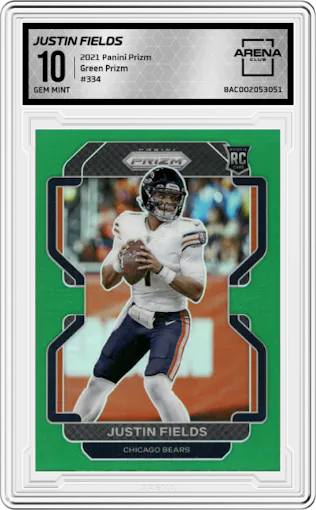 Justin Fields from the 2021 Panini Prizm set featuring a Green Prizm parallel graded by Arena Club and given an overall grade of 10.