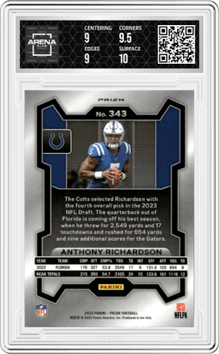 Anthony Richardson from the 2023 Panini Prizm set featuring a Neon Green Pulsar parallel graded by Arena Club and given an overall grade of 9.5.