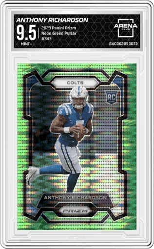 Anthony Richardson from the 2023 Panini Prizm set featuring a Neon Green Pulsar parallel graded by Arena Club and given an overall grade of 9.5.