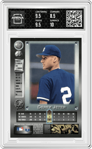 Derek Jeter from the 1996 Fleer Metal Universe set graded by Arena Club and given an overall grade of 9.