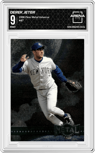 Derek Jeter from the 1996 Fleer Metal Universe set graded by Arena Club and given an overall grade of 9.