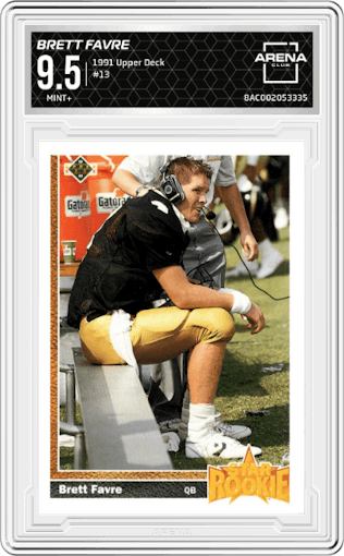 Brett Favre from the 1991 Upper Deck set graded by Arena Club and given an overall grade of 9.5.
