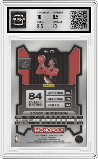 Scoot Henderson from the 2023-24 Panini Prizm Monopoly set graded by Arena Club and given an overall grade of 10.