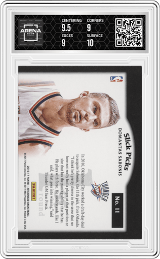 Domantas Sabonis from the 2016-17 Panini Aficionado set graded by Arena Club and given an overall grade of 9.5.