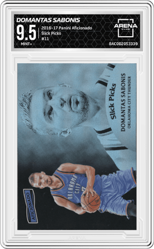 Domantas Sabonis from the 2016-17 Panini Aficionado set graded by Arena Club and given an overall grade of 9.5.