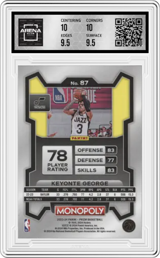 Keyonte George from the 2023-24 Panini Prizm Monopoly set graded by Arena Club and given an overall grade of 10.