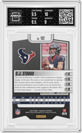 C.J. Stroud from the 2023 Panini Absolute set featuring a Retail parallel graded by Arena Club and given an overall grade of 9.5.