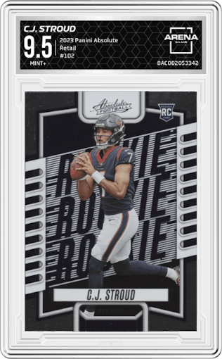 C.J. Stroud from the 2023 Panini Absolute set featuring a Retail parallel graded by Arena Club and given an overall grade of 9.5.