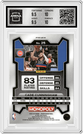 Cade Cunningham  from the 2023-24 Panini Prizm Monopoly set featuring a Silver Prizm parallel graded by Arena Club and given an overall grade of 10.