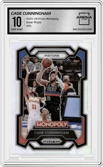 Cade Cunningham  from the 2023-24 Panini Prizm Monopoly set featuring a Silver Prizm parallel graded by Arena Club and given an overall grade of 10.