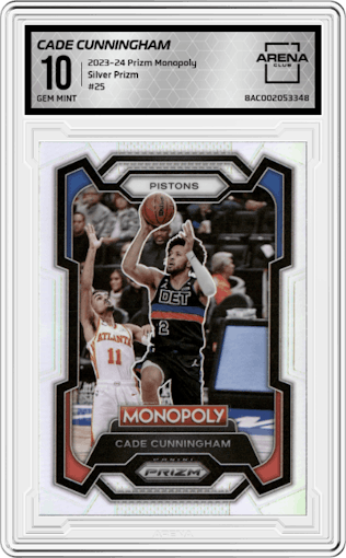 Cade Cunningham  from the 2023-24 Panini Prizm Monopoly set featuring a Silver Prizm parallel graded by Arena Club and given an overall grade of 10.