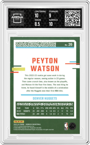 Peyton Watson from the 2023-24 Panini Donruss set featuring a Green Holo Laser parallel graded by Arena Club and given an overall grade of 9.