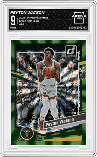 Peyton Watson from the 2023-24 Panini Donruss set featuring a Green Holo Laser parallel graded by Arena Club and given an overall grade of 9.
