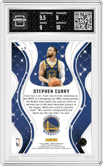 Stephen Curry from the 2023-24 Panini Donruss set graded by Arena Club and given an overall grade of 9.5.