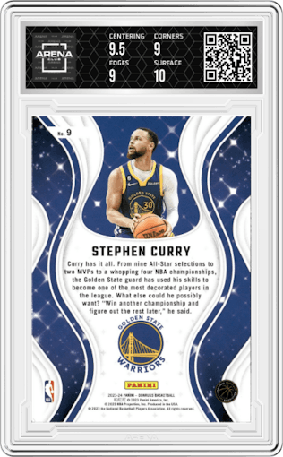 Stephen Curry from the 2023-24 Panini Donruss set graded by Arena Club and given an overall grade of 9.5.
