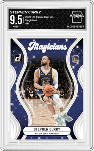 Stephen Curry from the 2023-24 Panini Donruss set graded by Arena Club and given an overall grade of 9.5.