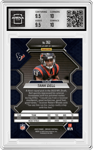 Tank Dell from the 2023 Panini Mosaic set featuring a Mosaic parallel graded by Arena Club and given an overall grade of 10.