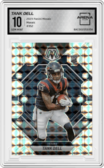 Tank Dell from the 2023 Panini Mosaic set featuring a Mosaic parallel graded by Arena Club and given an overall grade of 10.