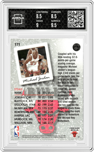 Michael Jordan from the 1993-94 Upper Deck  set graded by Arena Club and given an overall grade of 9.