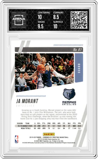 Ja Morant from the 2019-20 Panini Chronicles  set graded by Arena Club and given an overall grade of 9.