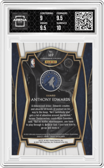 Anthony Edwards from the 2020-21 Panini Select  set featuring a Blue Retail parallel graded by Arena Club and given an overall grade of 9.5.