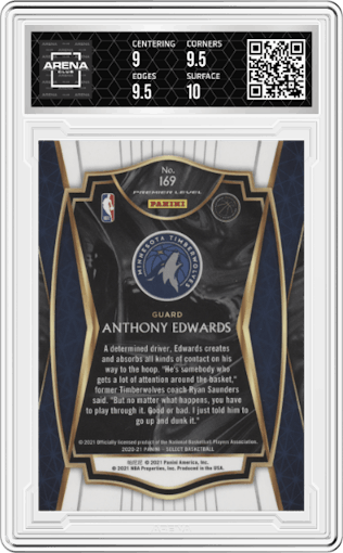 Anthony Edwards from the 2020-21 Panini Select  set featuring a Blue Retail parallel graded by Arena Club and given an overall grade of 9.5.