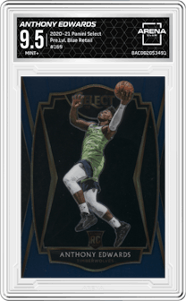 Anthony Edwards from the 2020-21 Panini Select  set featuring a Blue Retail parallel graded by Arena Club and given an overall grade of 9.5.