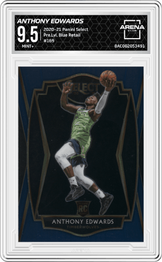 Anthony Edwards from the 2020-21 Panini Select  set featuring a Blue Retail parallel graded by Arena Club and given an overall grade of 9.5.