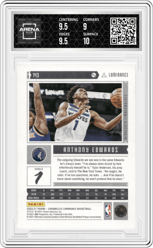 Anthony Edwards from the 2020-21 Panini Chronicles set featuring a Pink parallel graded by Arena Club and given an overall grade of 9.5.