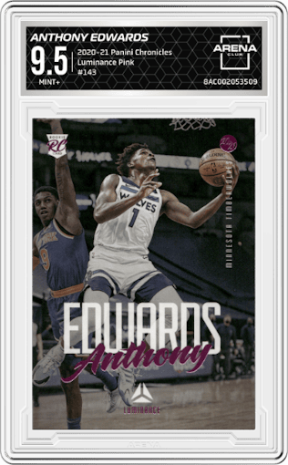 Anthony Edwards from the 2020-21 Panini Chronicles set featuring a Pink parallel graded by Arena Club and given an overall grade of 9.5.